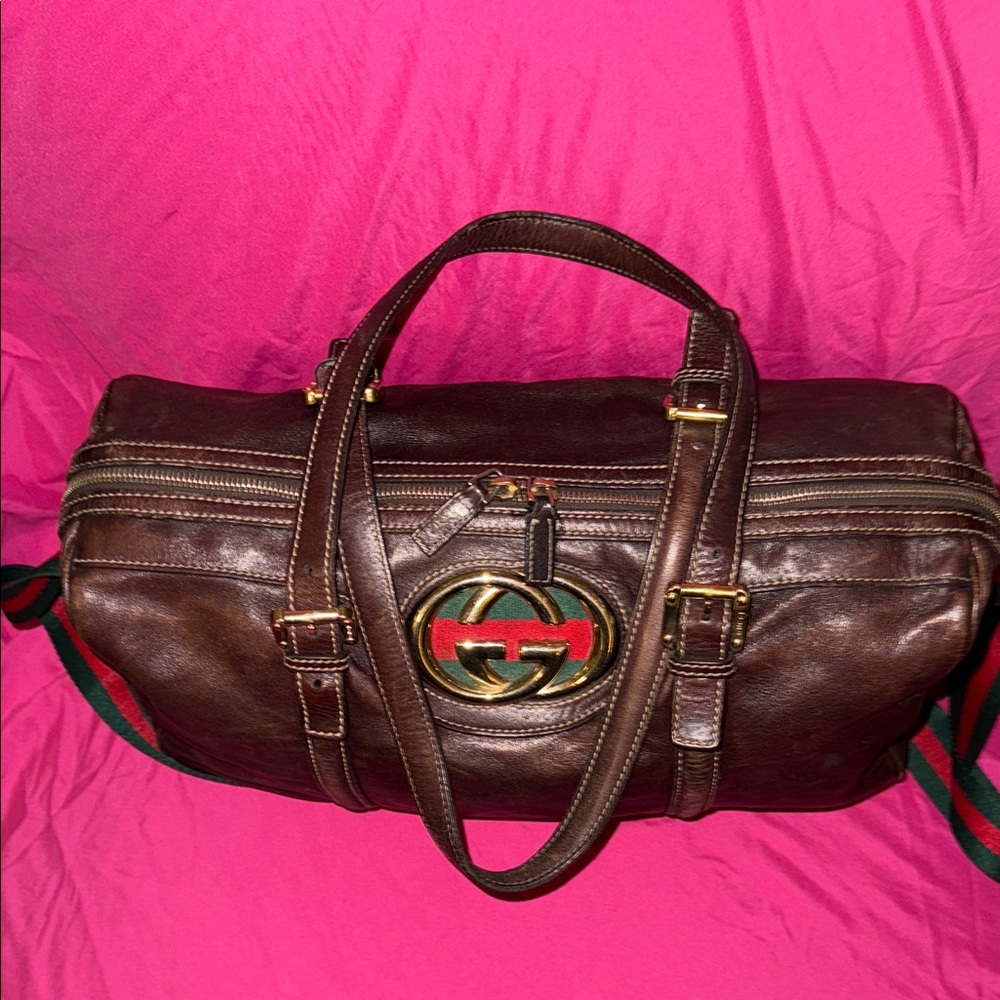 Gucci Brown Leather Duffel Bag with Green and Red Accents - Picture 3 of 16